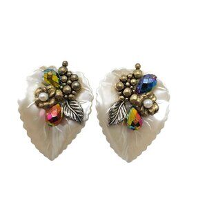 Vintage 1980s White Leaf Clip-On Earrings With Colorful Beads Faux Pearls